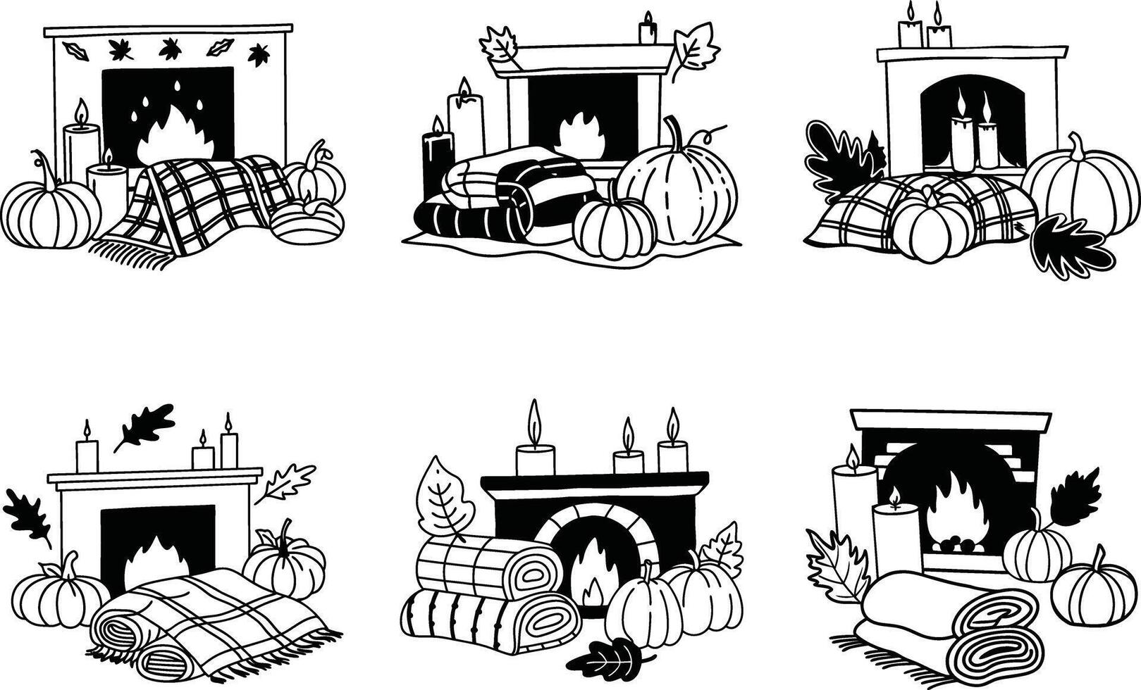 Autumn season fireplace scene line art collection with pumpkins and candles vector