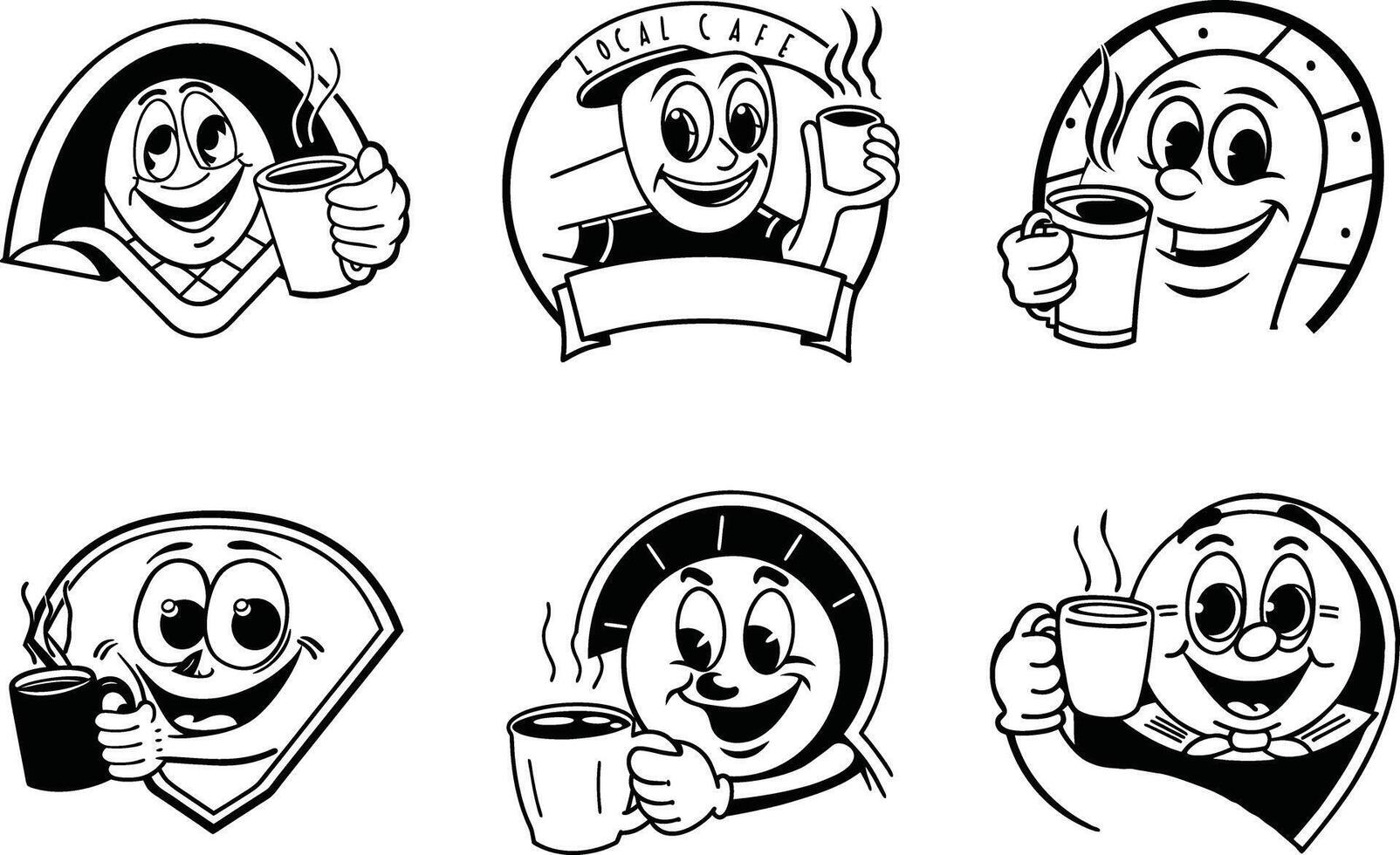 Cartoon cafe logo icons with smiling characters holding hot coffee cups vector