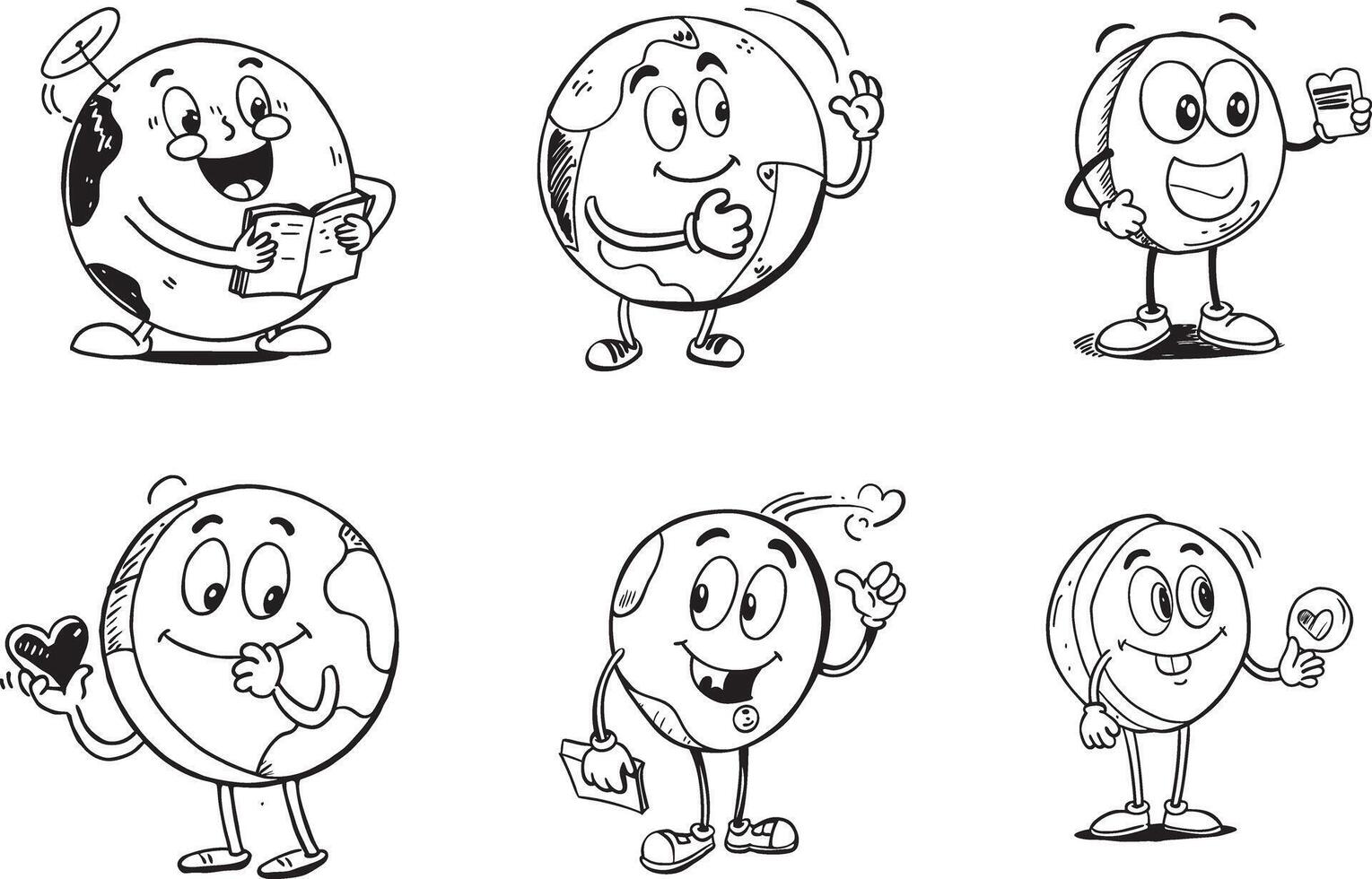 Earth globe character cartoon set representing different actions and activities vector