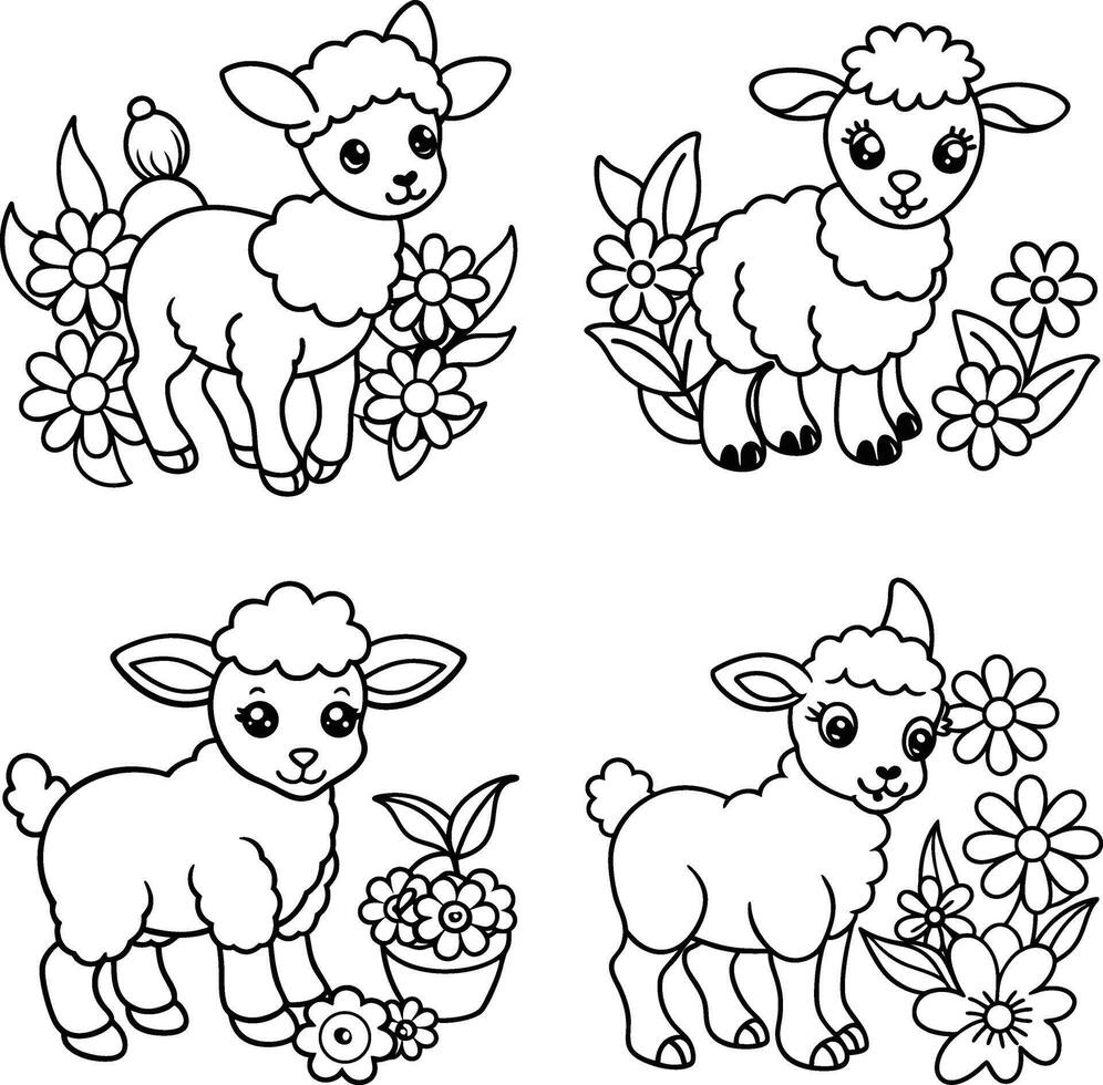 Cute lambs with flowers black and white line art set collection vector
