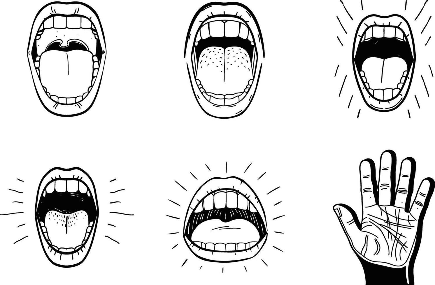 Open mouths and hand drawn gesture collection in black and white vector