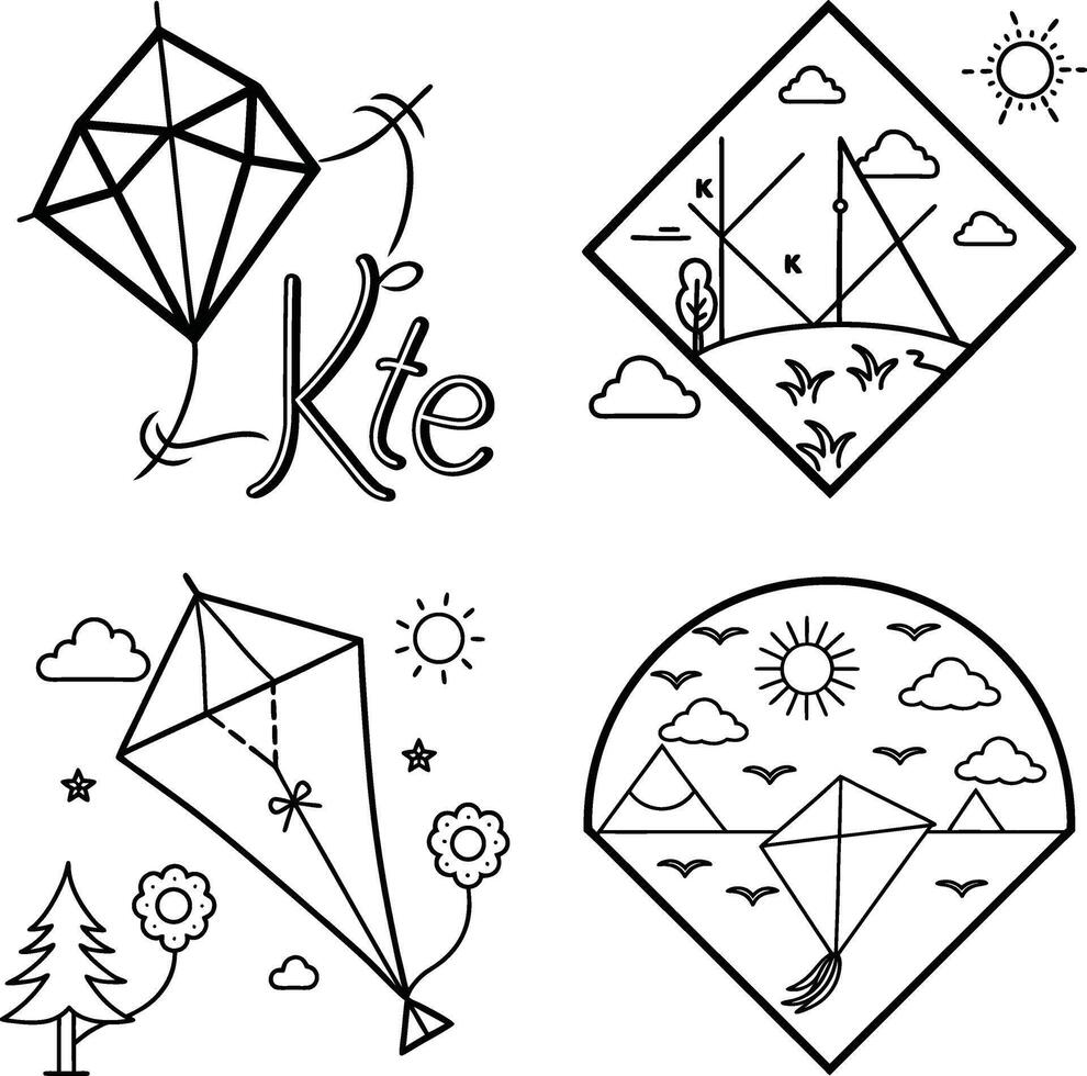 Set of different kite illustrations in outline style and various landscape compositions vector