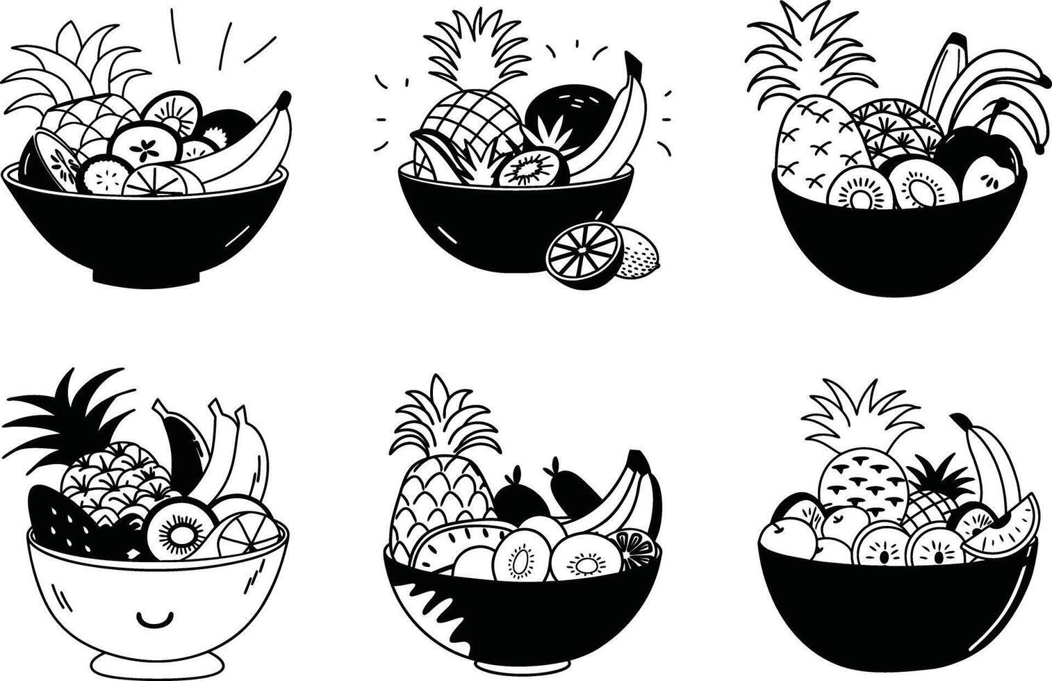 Hand drawn fruit bowl set with bananas and pineapples vector