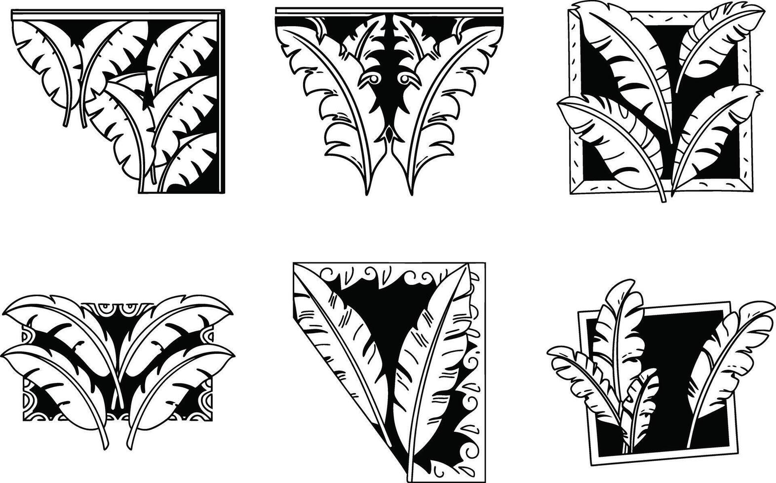Black and white graphic set of banana leaf elements corner and border designs vector