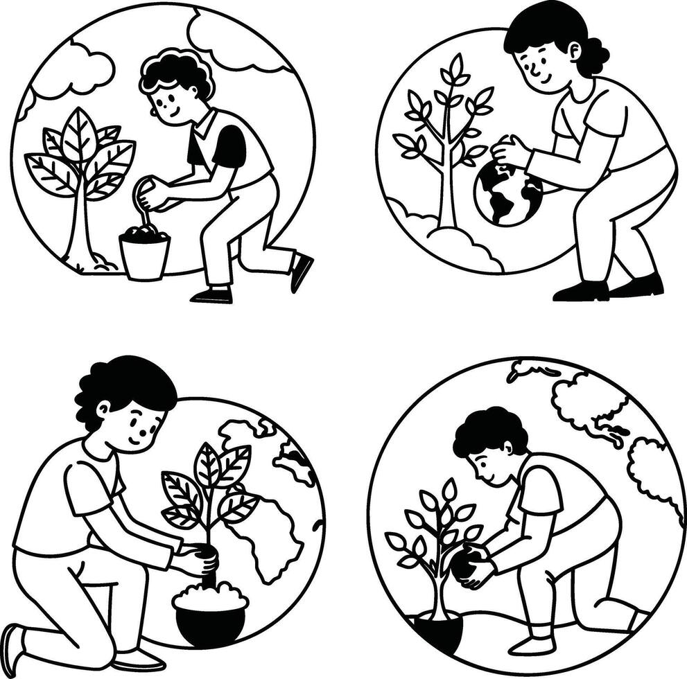 Earth day activities line art illustration of children planting trees for environmental conservation vector
