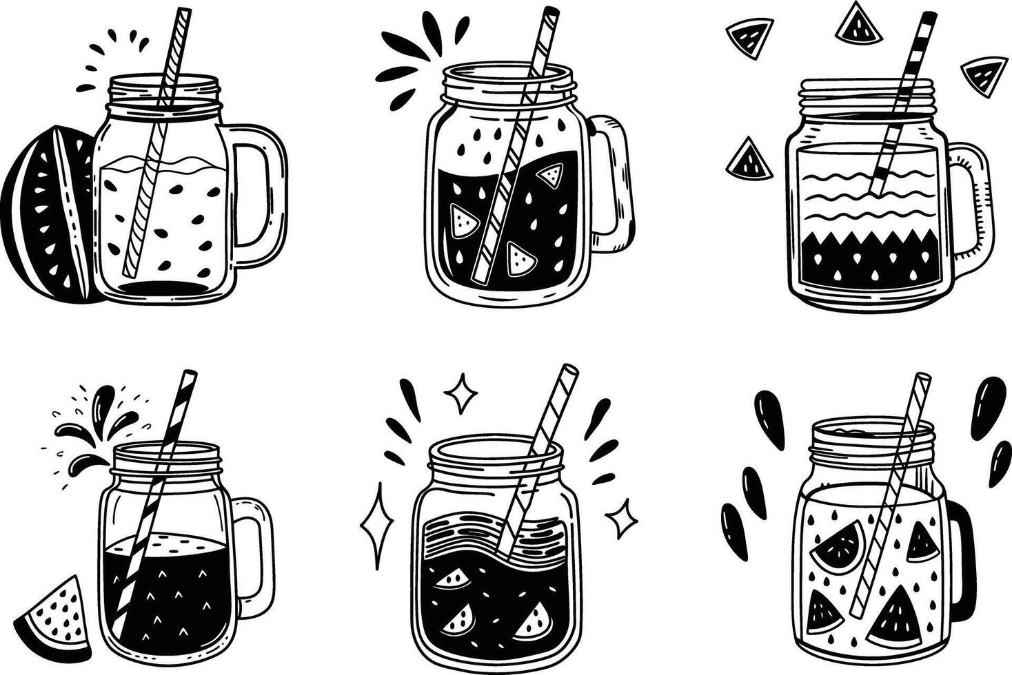 Watermelon juice in mason jars hand drawn doodle style seamless pattern vector