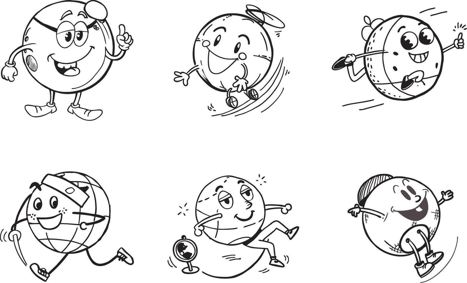 Cartoon earth globe character set in black and white illustration vector
