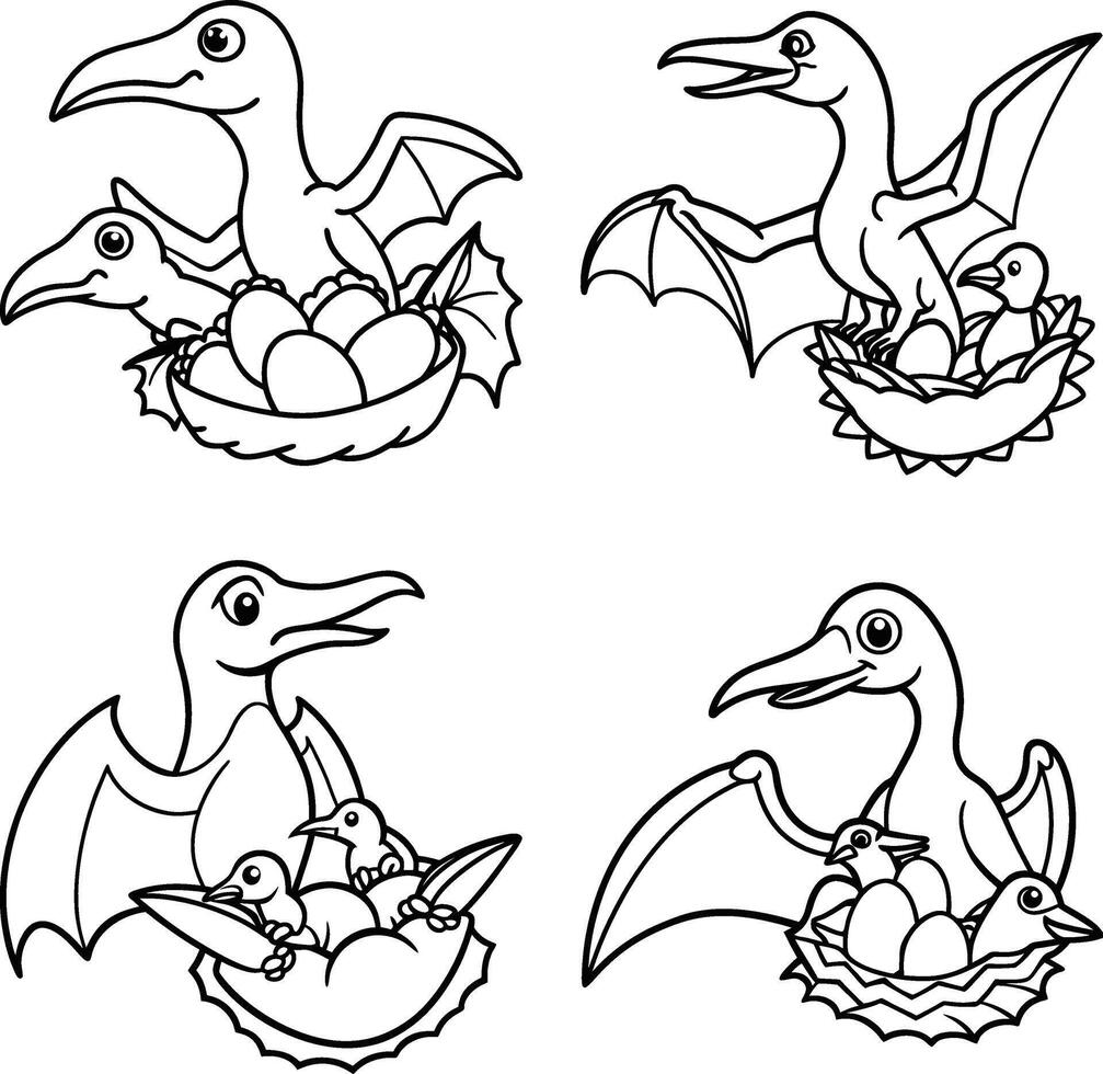 Line art illustration featuring pterodactyl dinosaurs with nests and eggs outlines vector