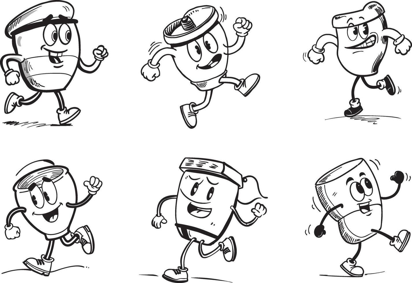 Cartoon coffee cups running illustration black and white comic style characters vector