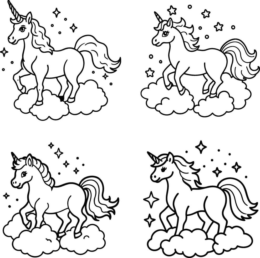 Unicorns on clouds outlines with stars and dots illustration pattern vector