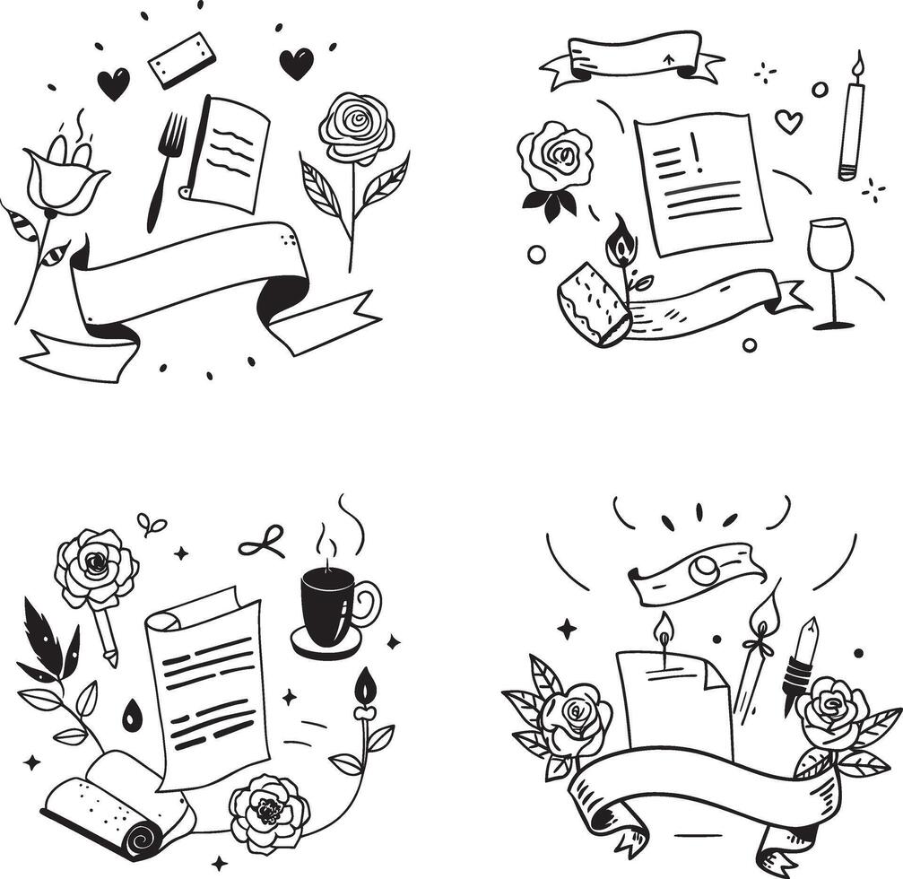Hand drawn romantic elements black and white set illustrations vector