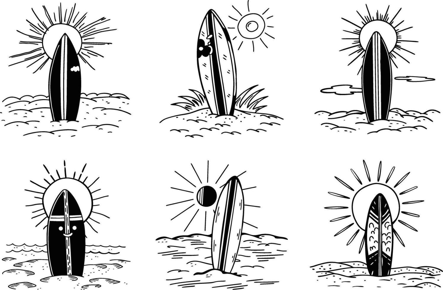 Hand drawn surfboard illustration set with sun and beach scenery vector