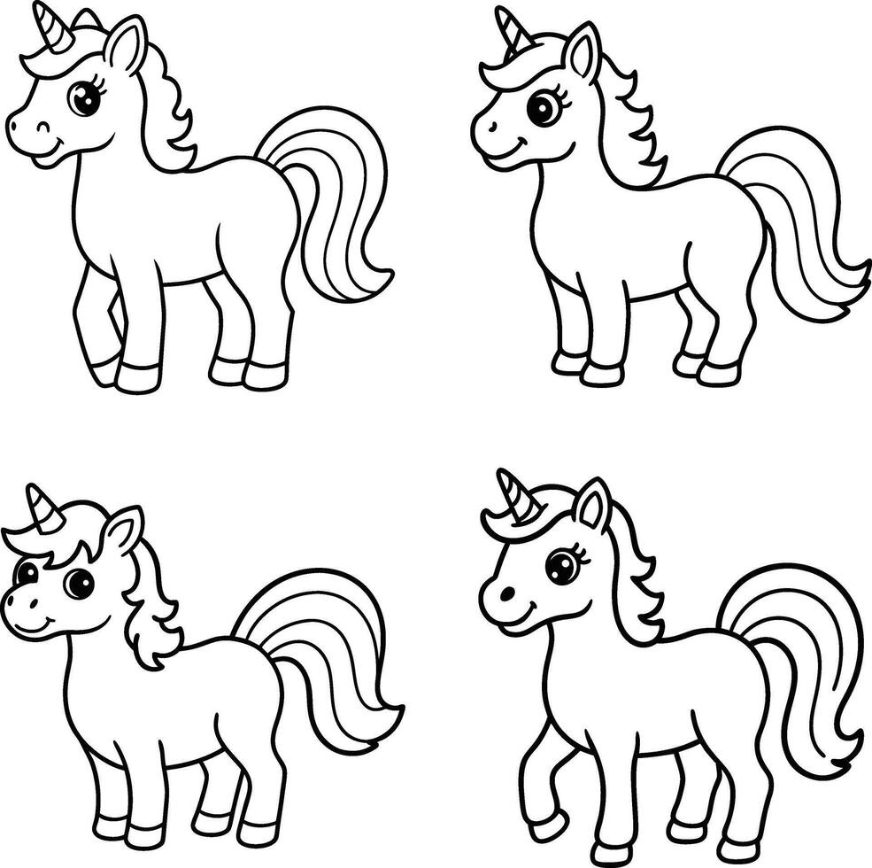 Cute unicorns outline illustration for coloring book or childrens design vector