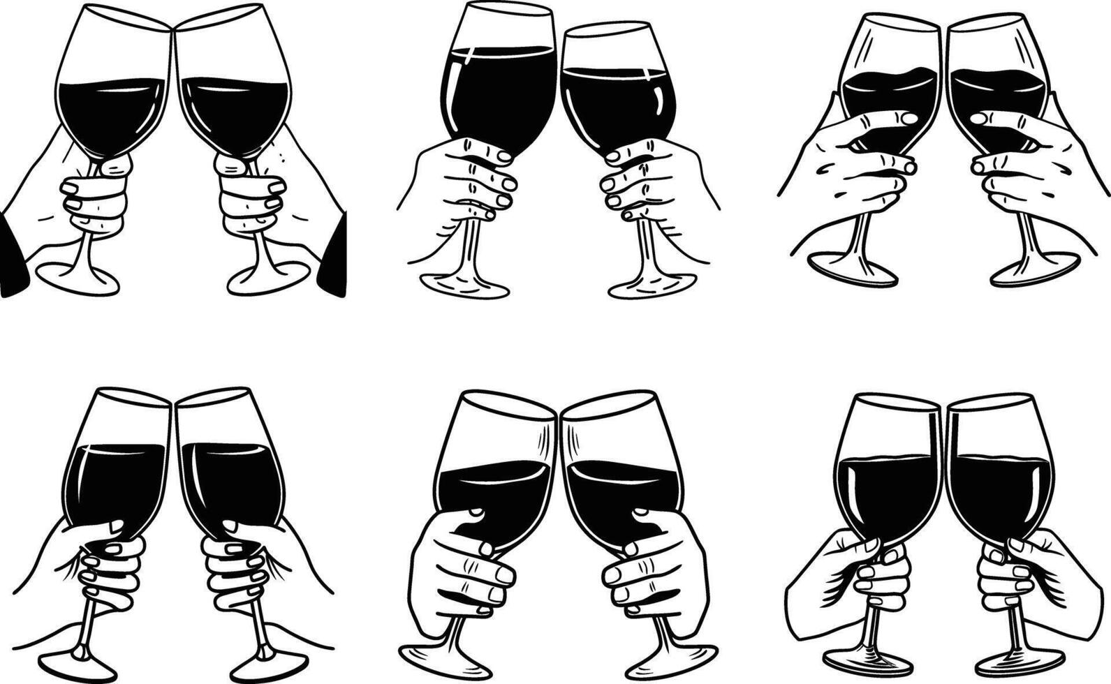 Hands clinking wine glasses celebration toasting with red wine black and white vector