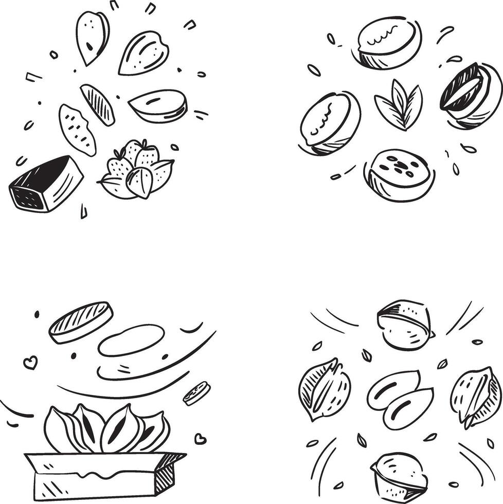 Hand drawn nuts and fruits sketch set isolated on white background vector