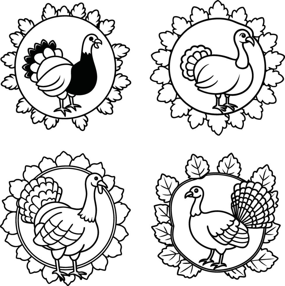 Turkey outlines in leaf circle frames for thanksgiving coloring and crafting vector