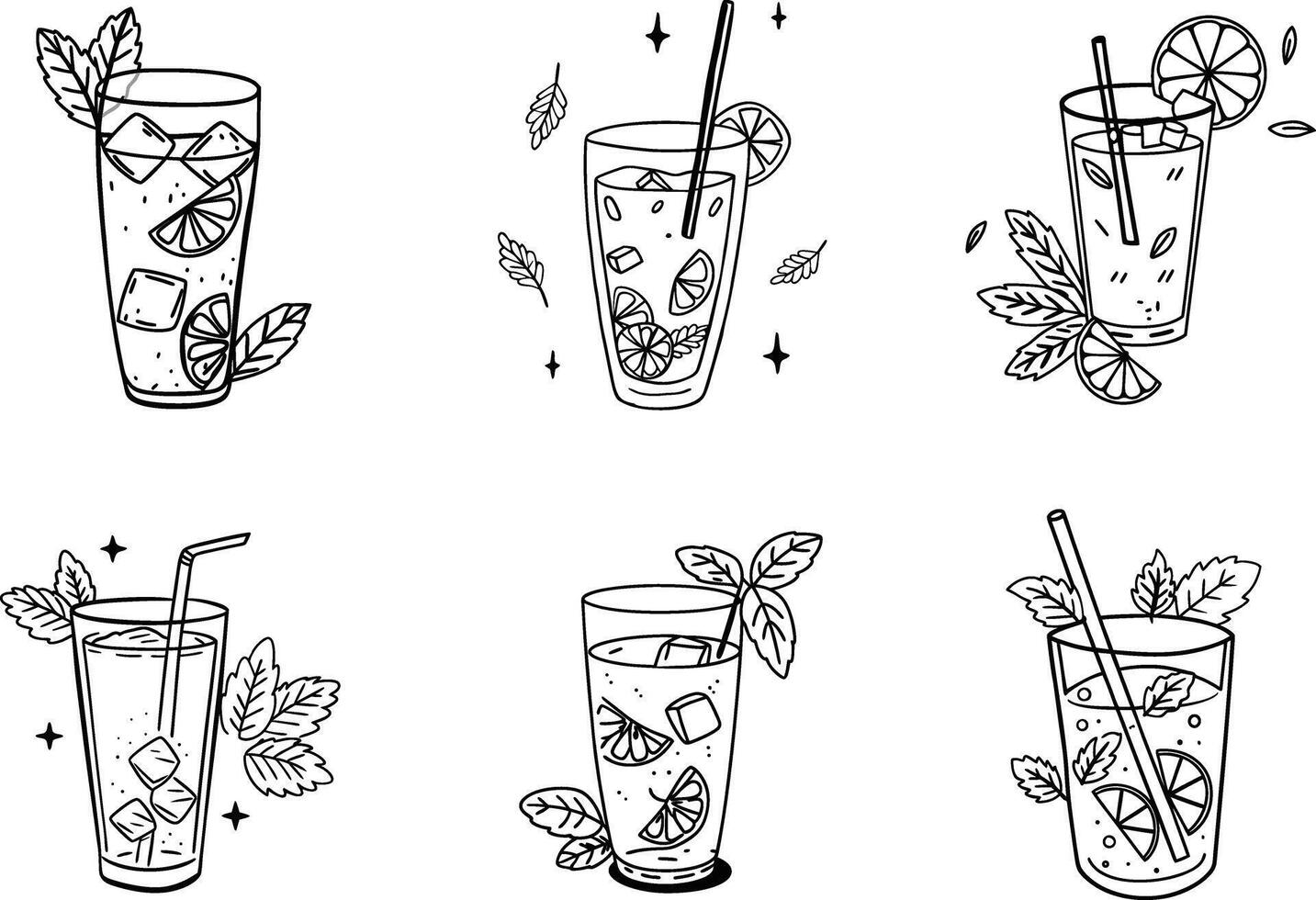 Set of hand drawn lemonade drink illustrations with ice and straws black outline vector