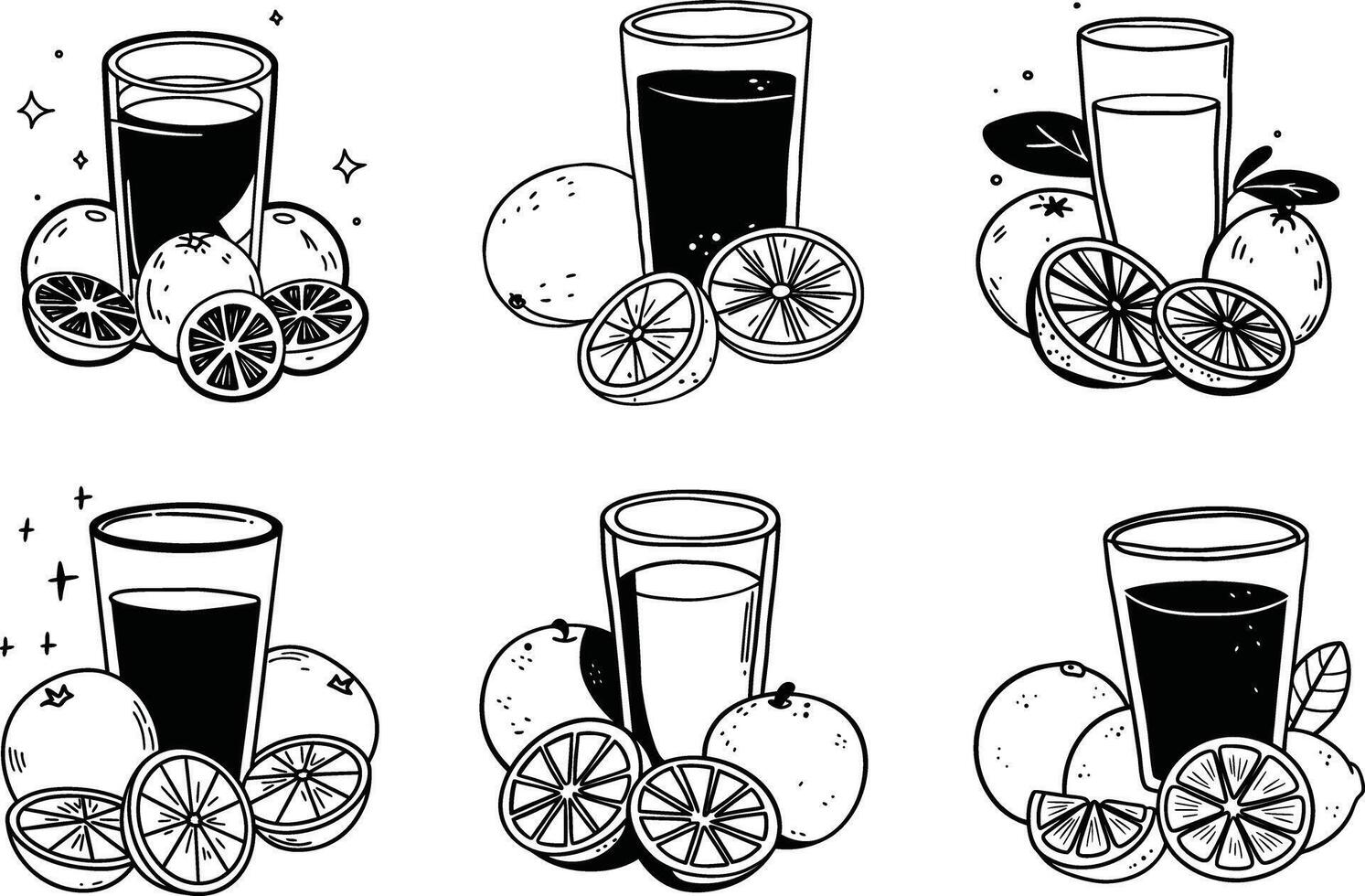Black and white line art illustrations of orange juice with citrus fruit vector