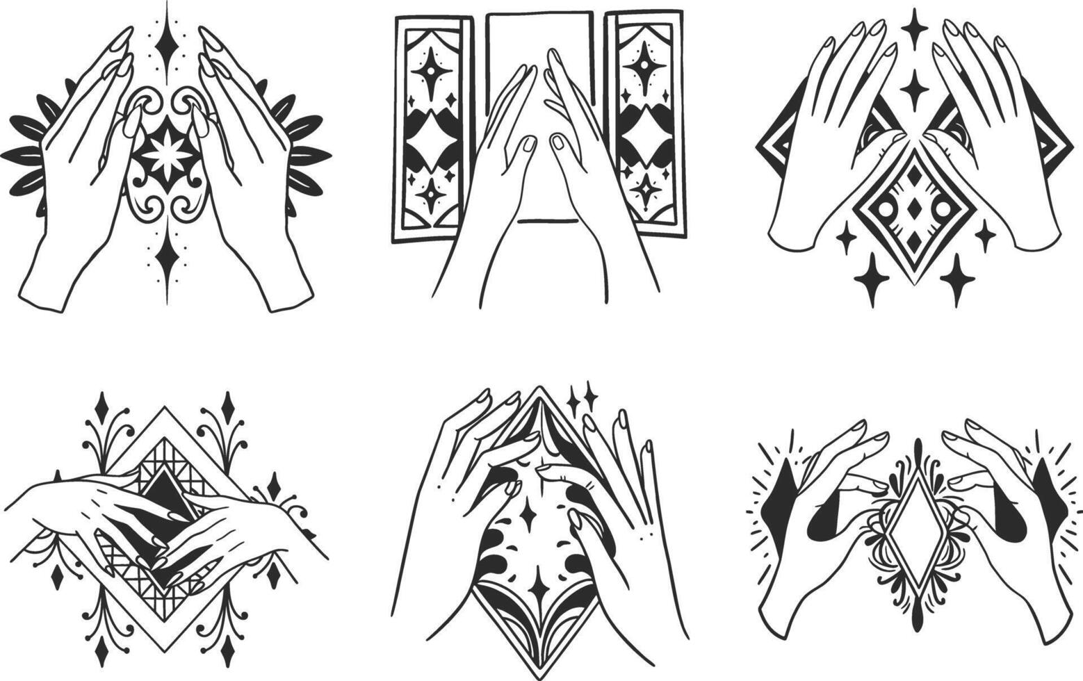 Occult hands with mystical symbols line art illustrations collection vector