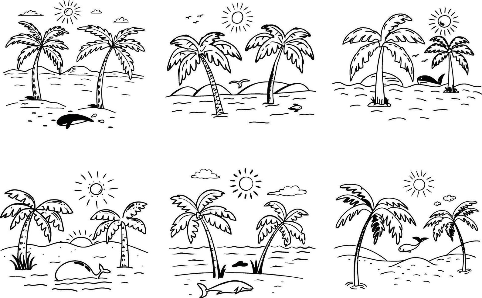 Hand drawn tropical island scenery with palm trees and wildlife silhouettes vector