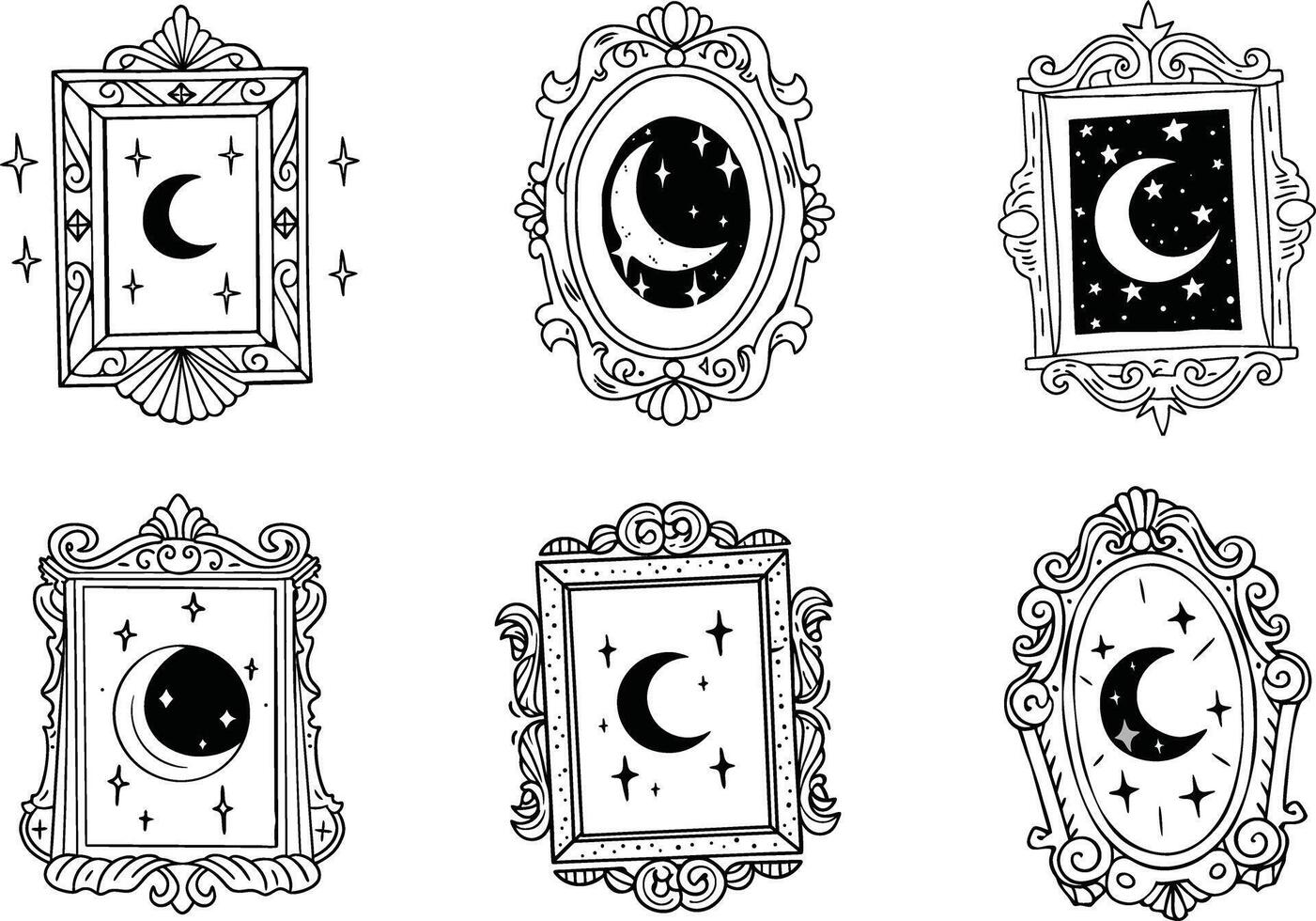 Antique frames with crescent moons and stars in doodle style vector