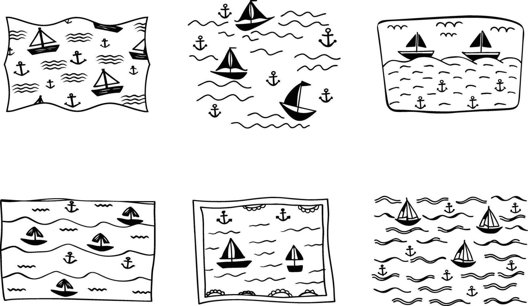 Hand drawn nautical patterns featuring boats anchors and waves doodle style vector