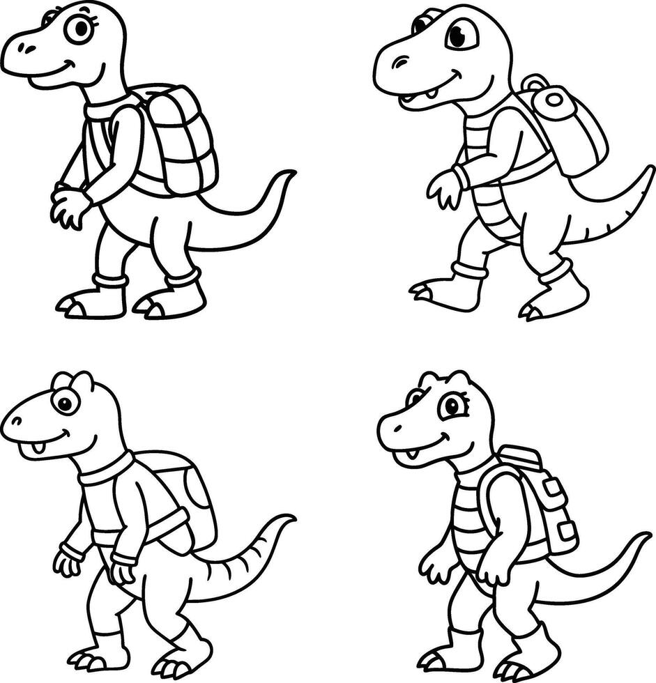 Cute cartoon dinosaur characters with backpacks black and white outlines vector