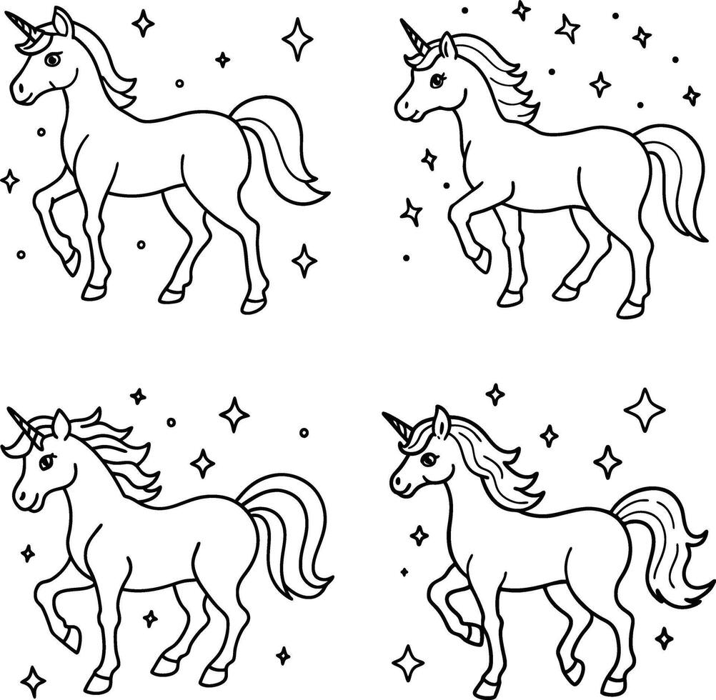 Four unicorns seamless pattern outline design for coloring pages or creative projects vector