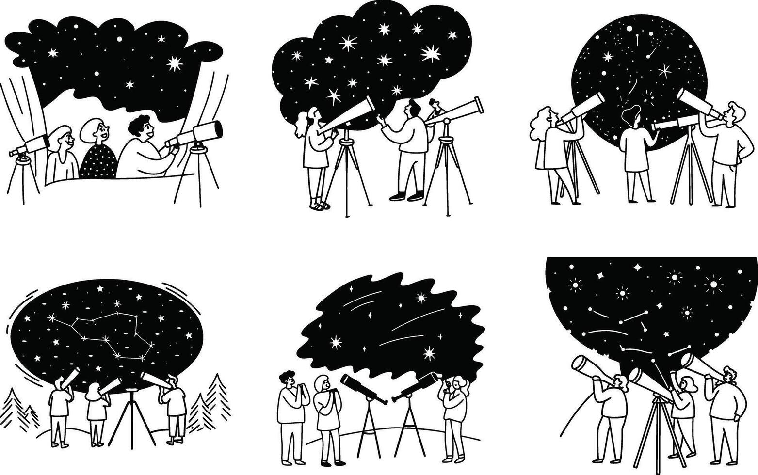 People observing stars through telescopes doodle illustrations for science and astronomy vector