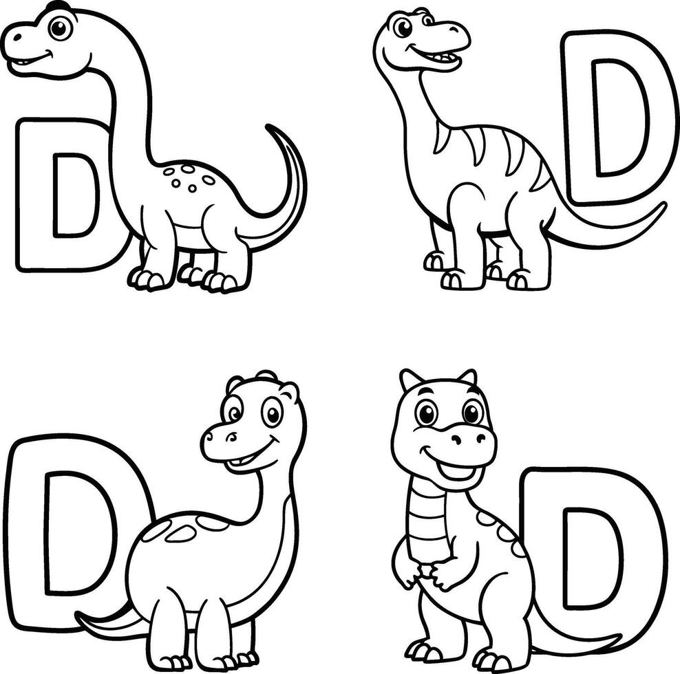 Collection of dinosaur cartoon characters with letter d for coloring book pages vector