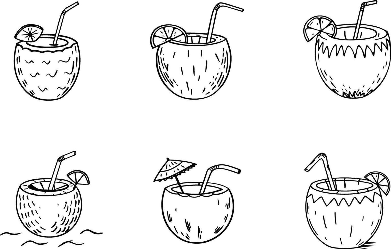 Set of coconut drinks with straw and citrus slices in doodle style vector