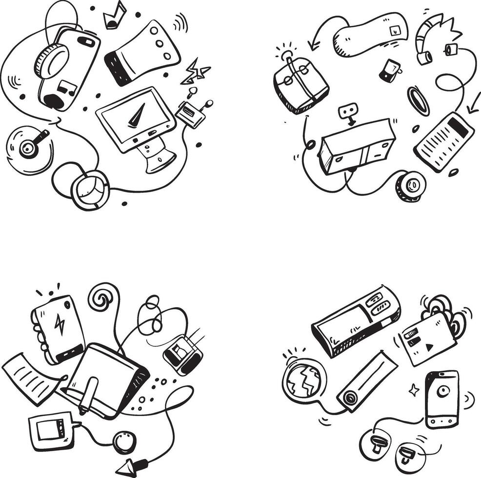 Doodle art compilation of electronic devices and gadgets illustration vector