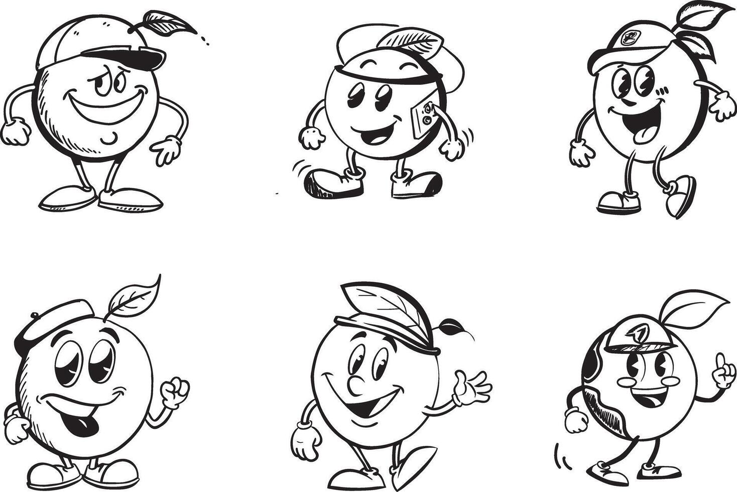 Cartoon mascot characters of apples wearing hats black and white illustration vector