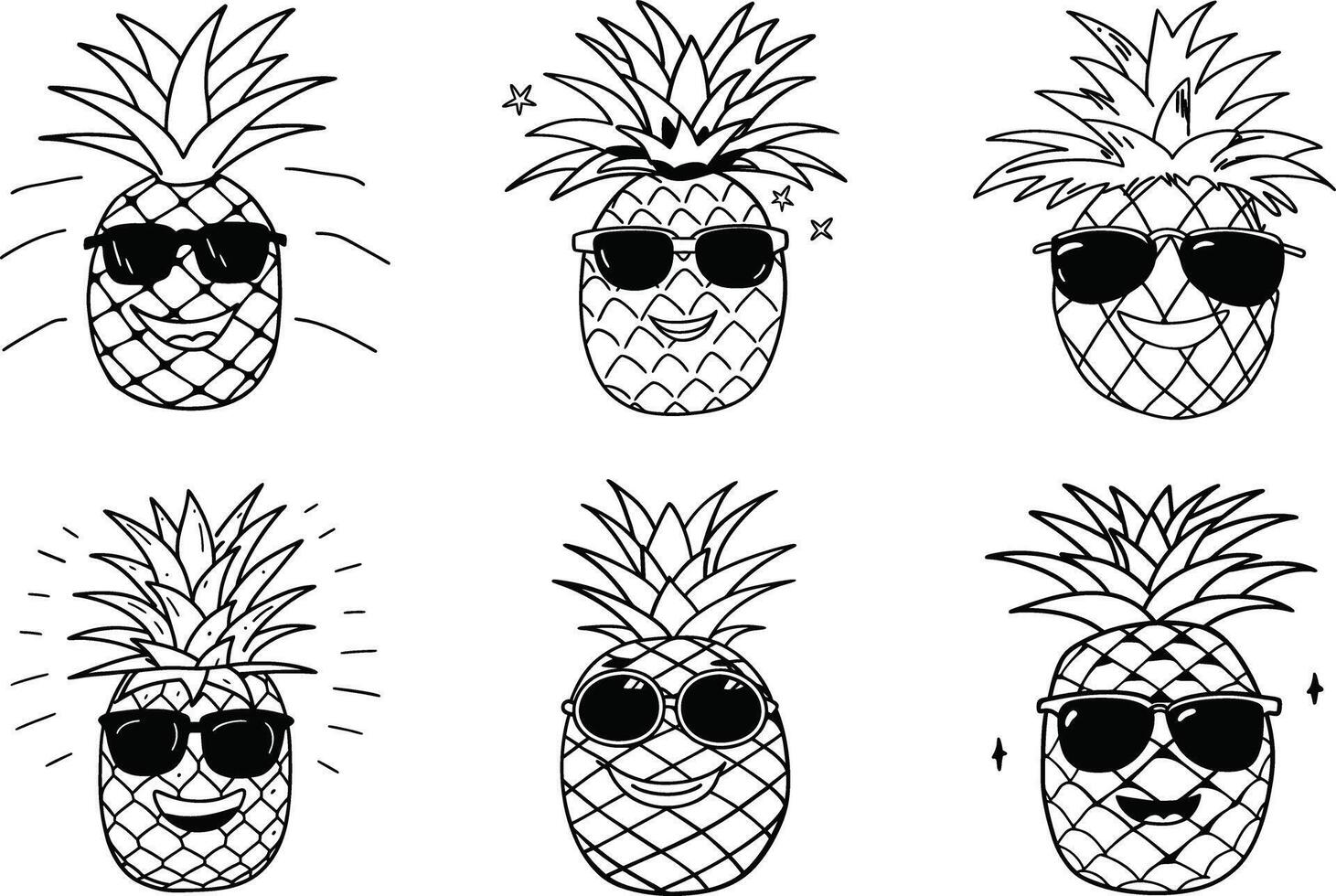 Collection of doodle style pineapple characters with sunglasses illustration vector