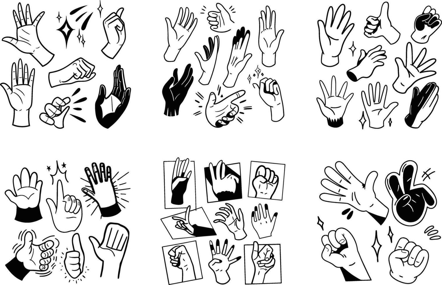 Hand drawn hands in different poses and gestures collection vector