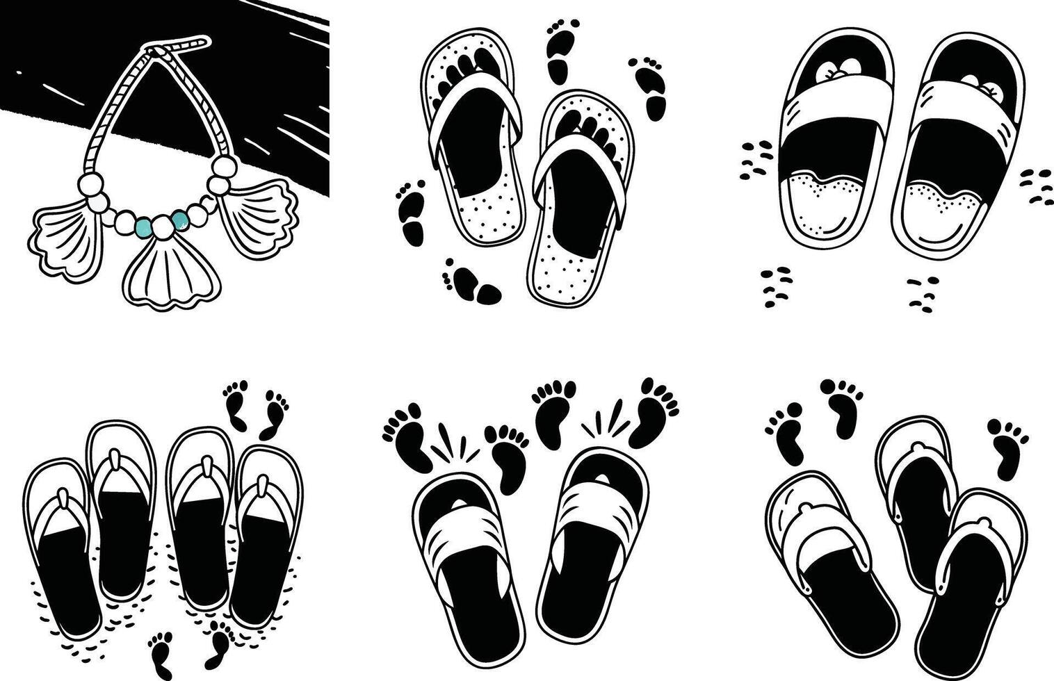 Summer holiday beach elements with sandals and footprints in black and white vector