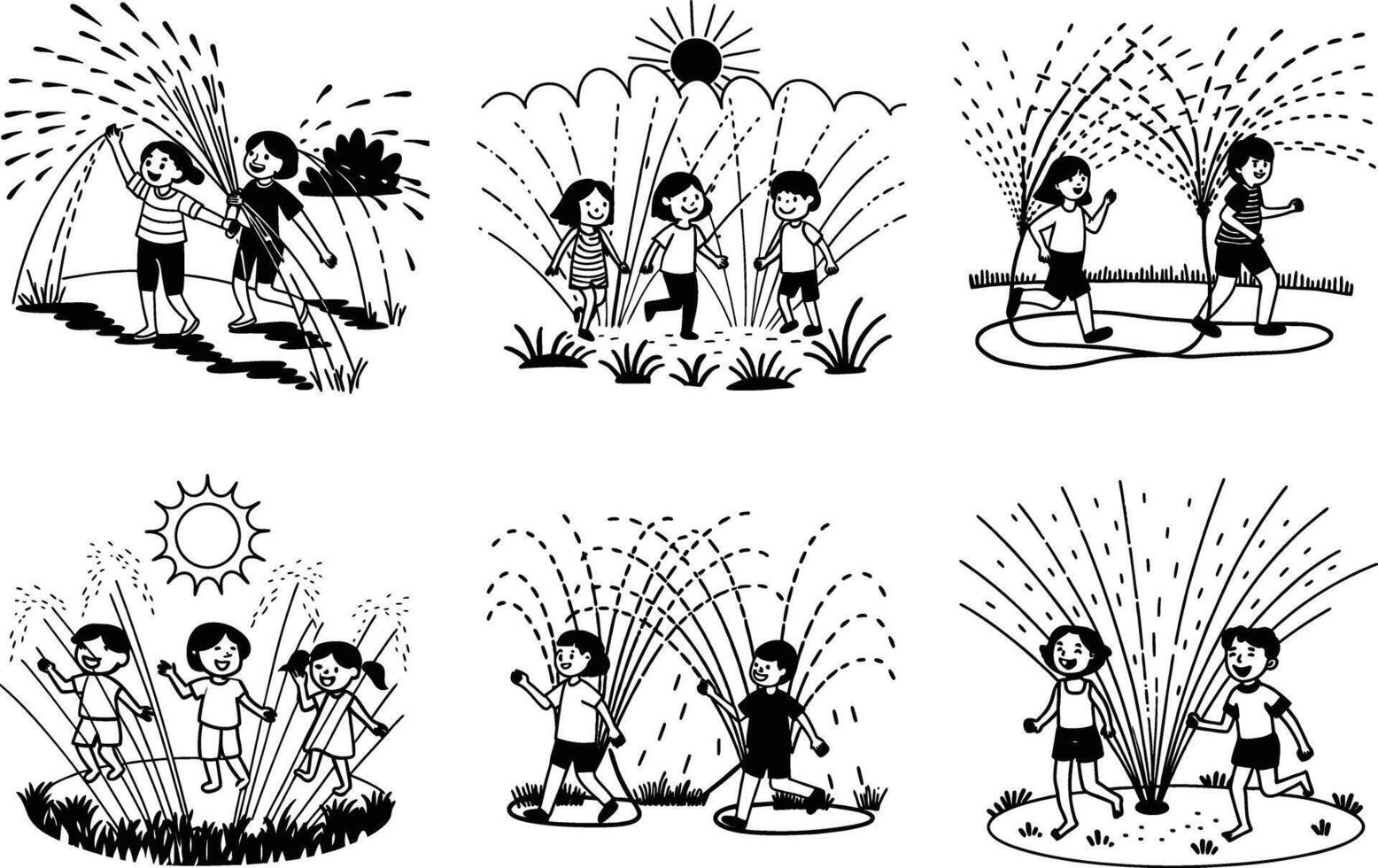 Children playing in sprinkler illustrations simple black and white vector