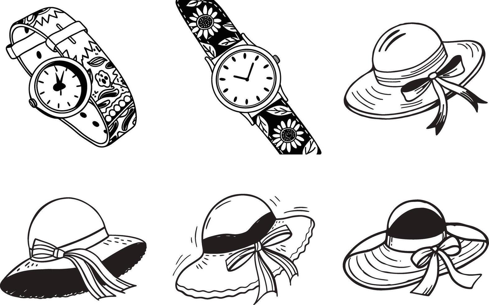 Hand drawn fashion accessories featuring stylish watches and elegant hats illustration vector