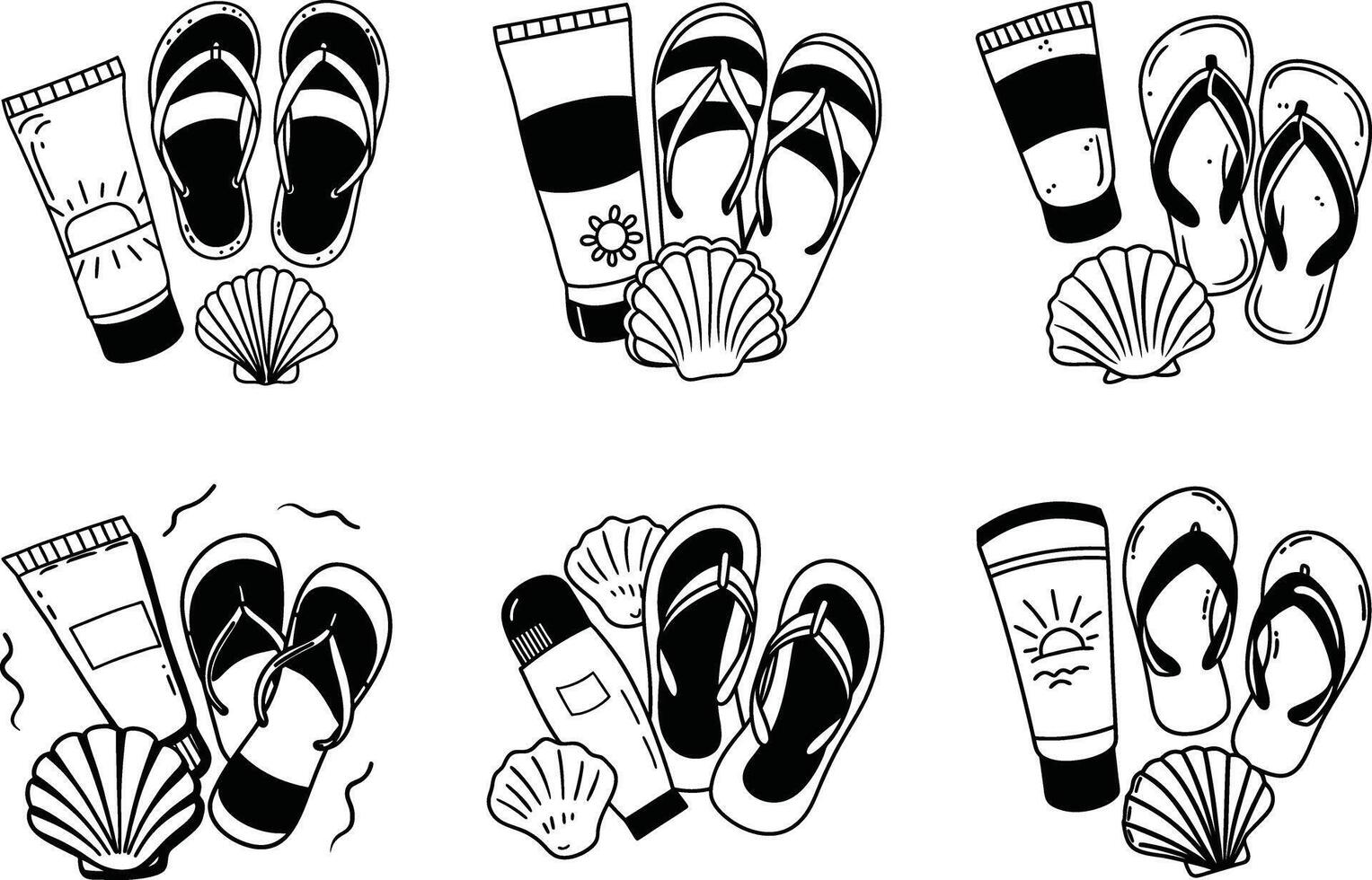 Seamless pattern of summer beach vacation essentials in black and white outline style vector