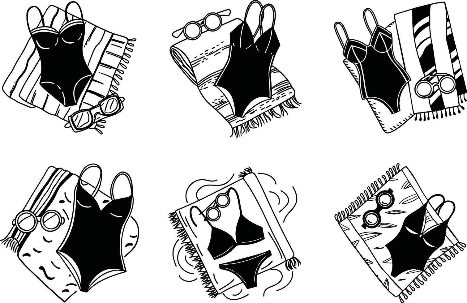 Seamless pattern with beach towels swimsuits and sunglasses in black and white vector