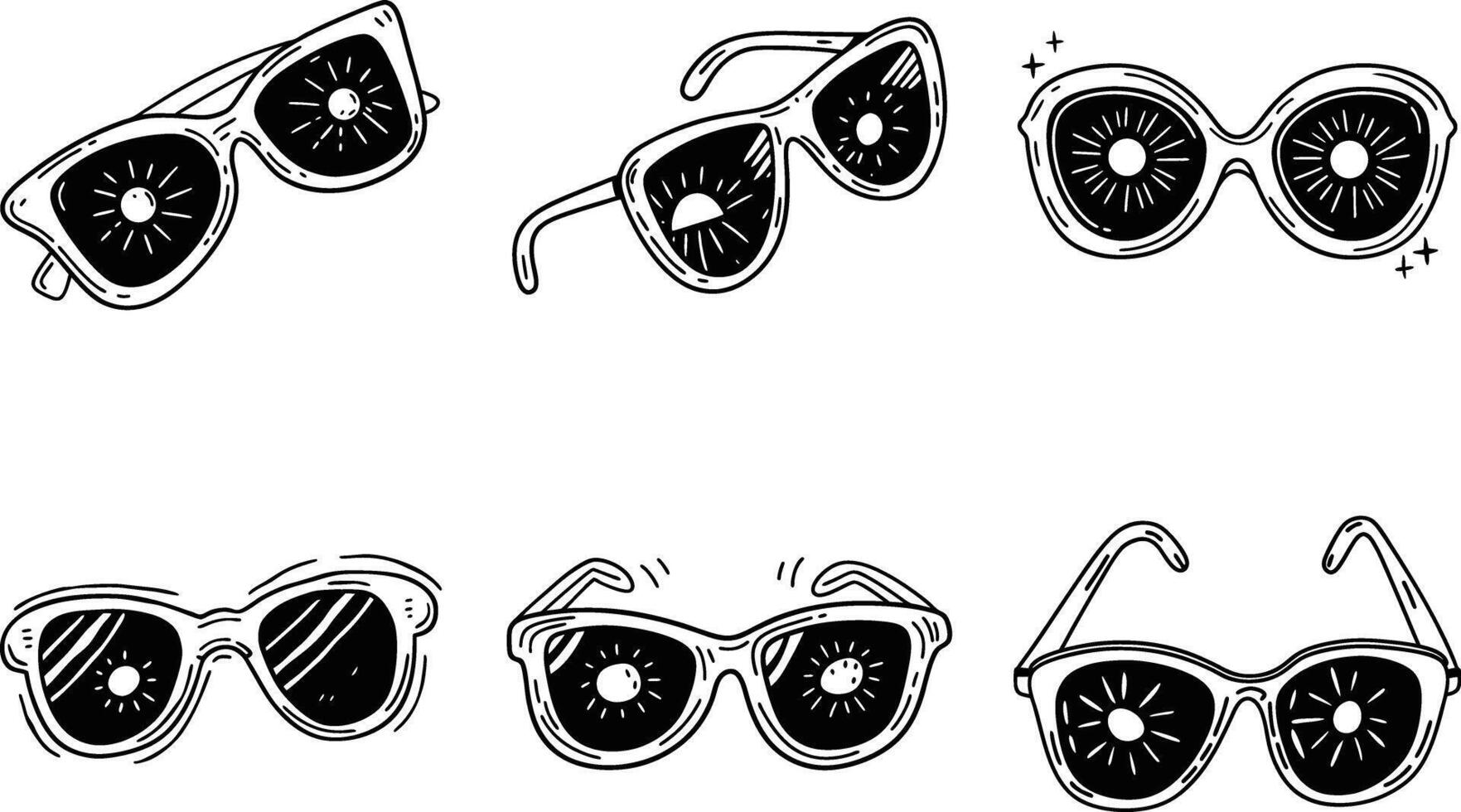 Stylish sunglasses collection with sun reflection doodle design set in black and white vector