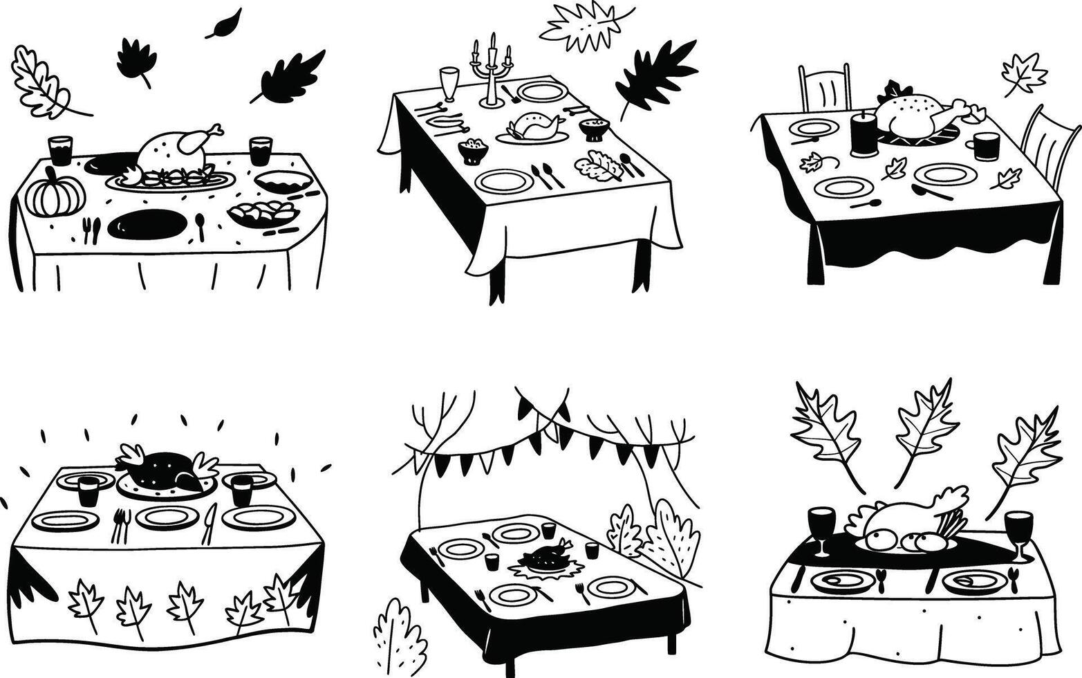 Festive thanksgiving dinner table setups in hand drawn doodle style vector