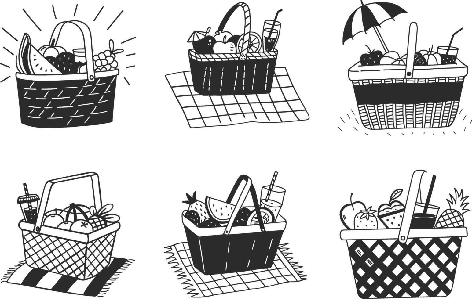 Collection of hand drawn picnic baskets with fruits and drinks illustration vector