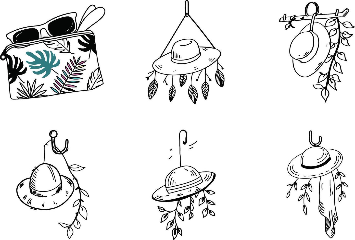 Hand drawn summer accessories illustration with hats and sunglasses vector