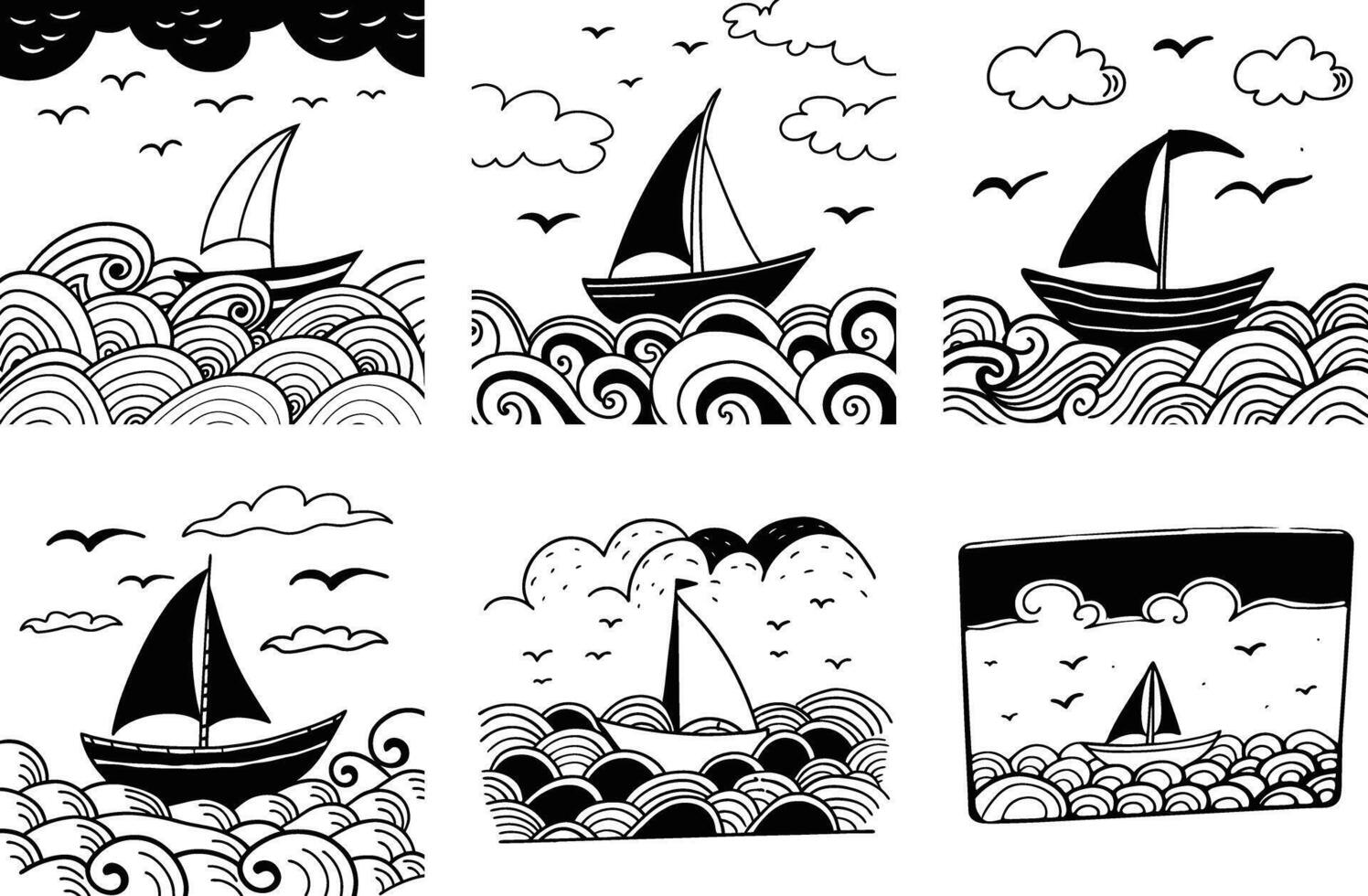 Black and white doodle set featuring sailboats sailing on wavy water with birds and clouds vector