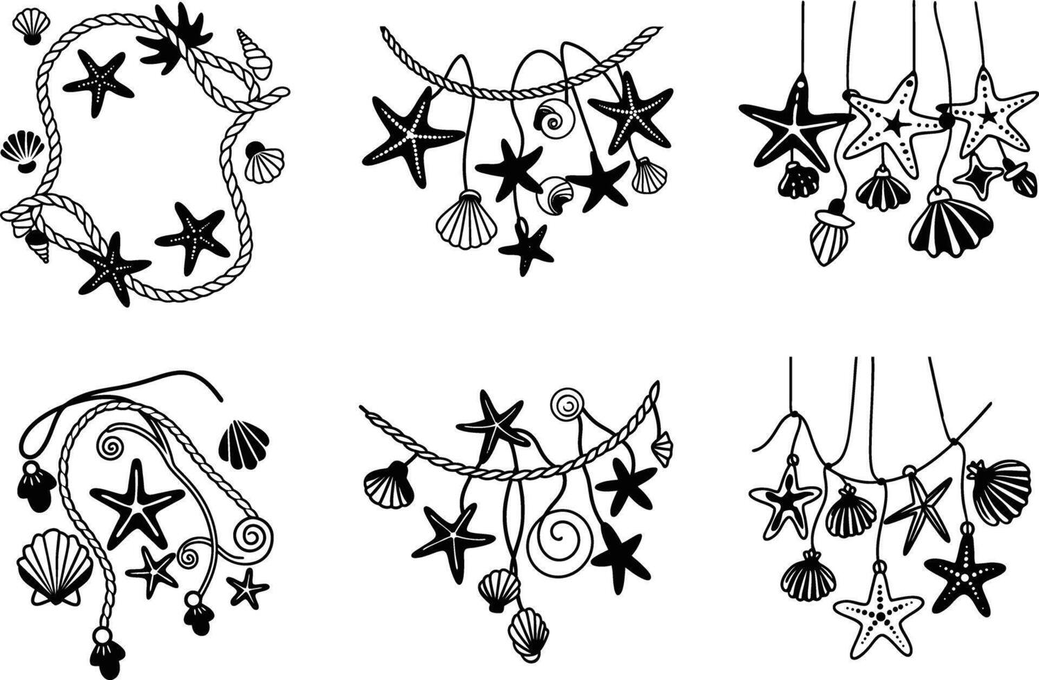 Set of decorative marine elements with starfish and shells in black and white vector