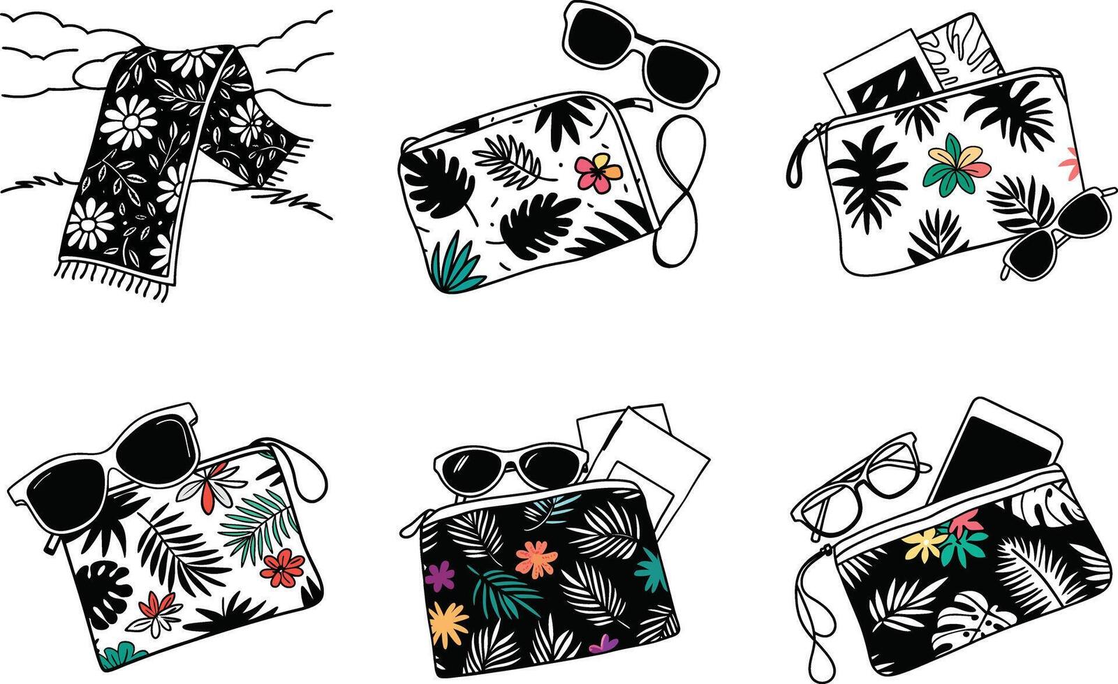 Summer essentials doodle seamless pattern with beach bag,sunglasses,and towel vector