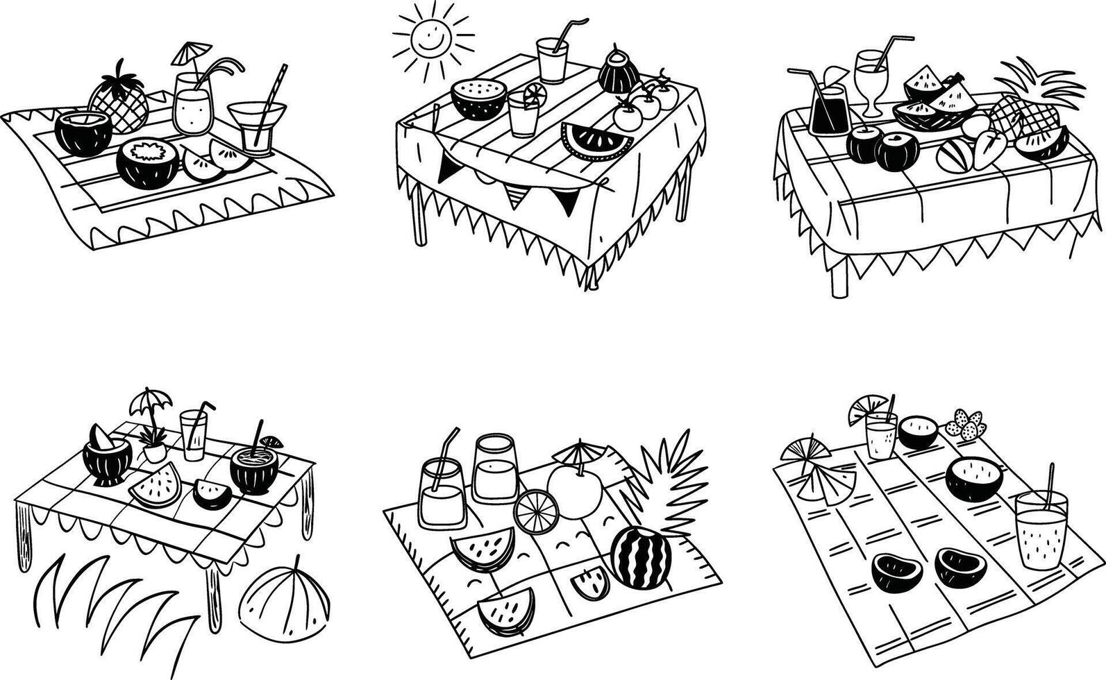 Black and white doodle picnic with summer fruits and refreshing drinks vector