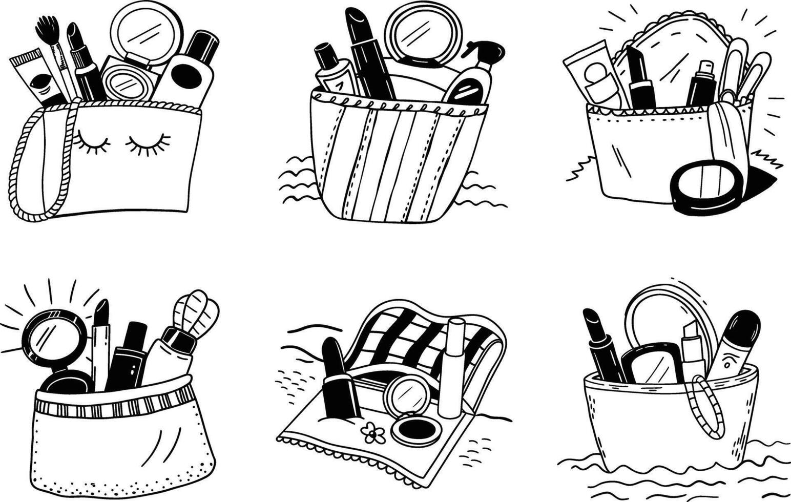 Set of black and white doodle style cosmetic bags and makeup elements vector