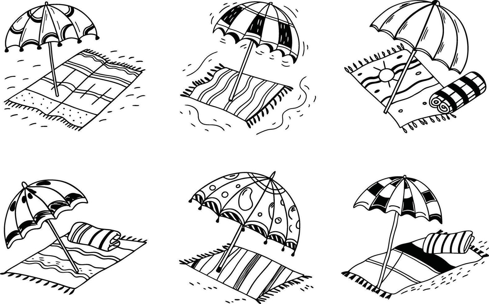 Hand drawn beach umbrella and blanket illustrations black and white summer vacation elements vector